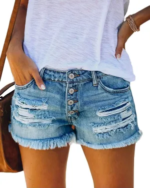 Women's Mid Rise Ripped Stretchy Jeans Shorts Frayed Raw Hem Casual Denim Shorts
