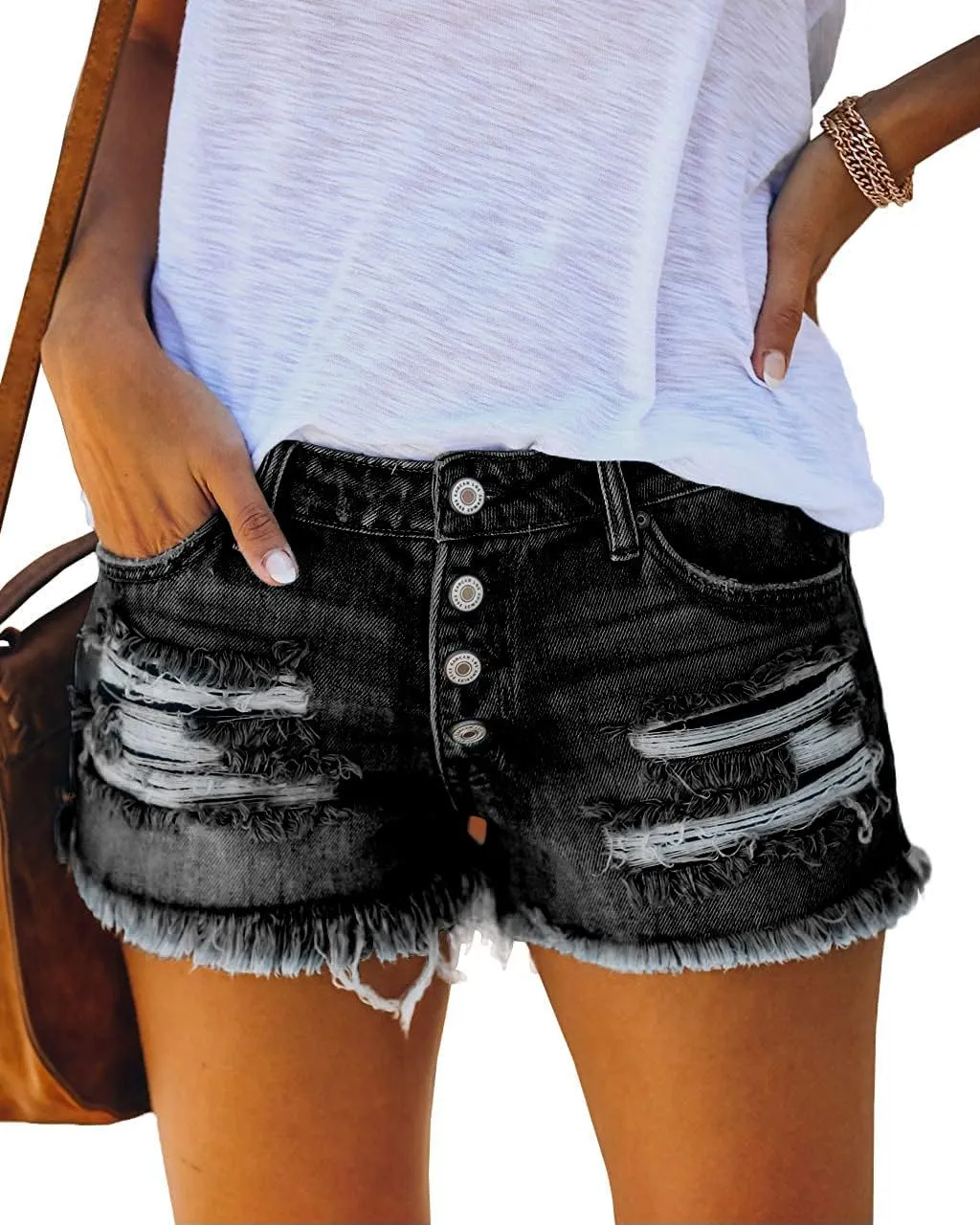 Women's Mid Rise Ripped Stretchy Jeans Shorts Frayed Raw Hem Casual Denim Shorts
