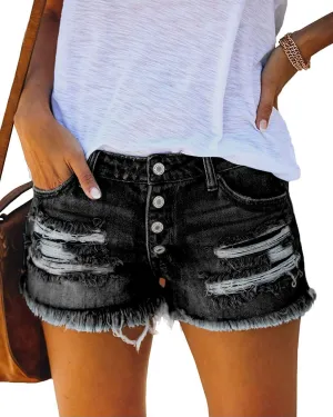 Women's Mid Rise Ripped Stretchy Jeans Shorts Frayed Raw Hem Casual Denim Shorts