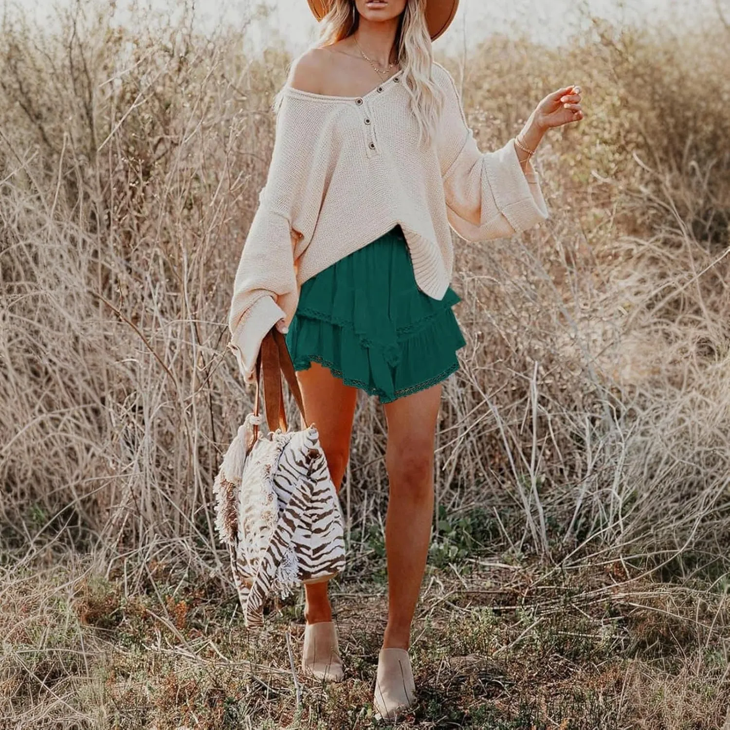 Womens Mini Skirts Double Layer Ruffle Fashion Solid Color Lace Hem Elastic Waist Skirts Swing Cute Beach Skorts