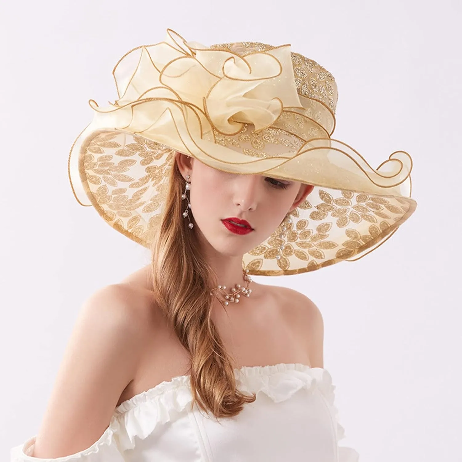 Women's Organza Church Fascinator Derby Hat Elegant Flowers Wide Brim Cocktail Tea Party Summer Beach Sun Hat