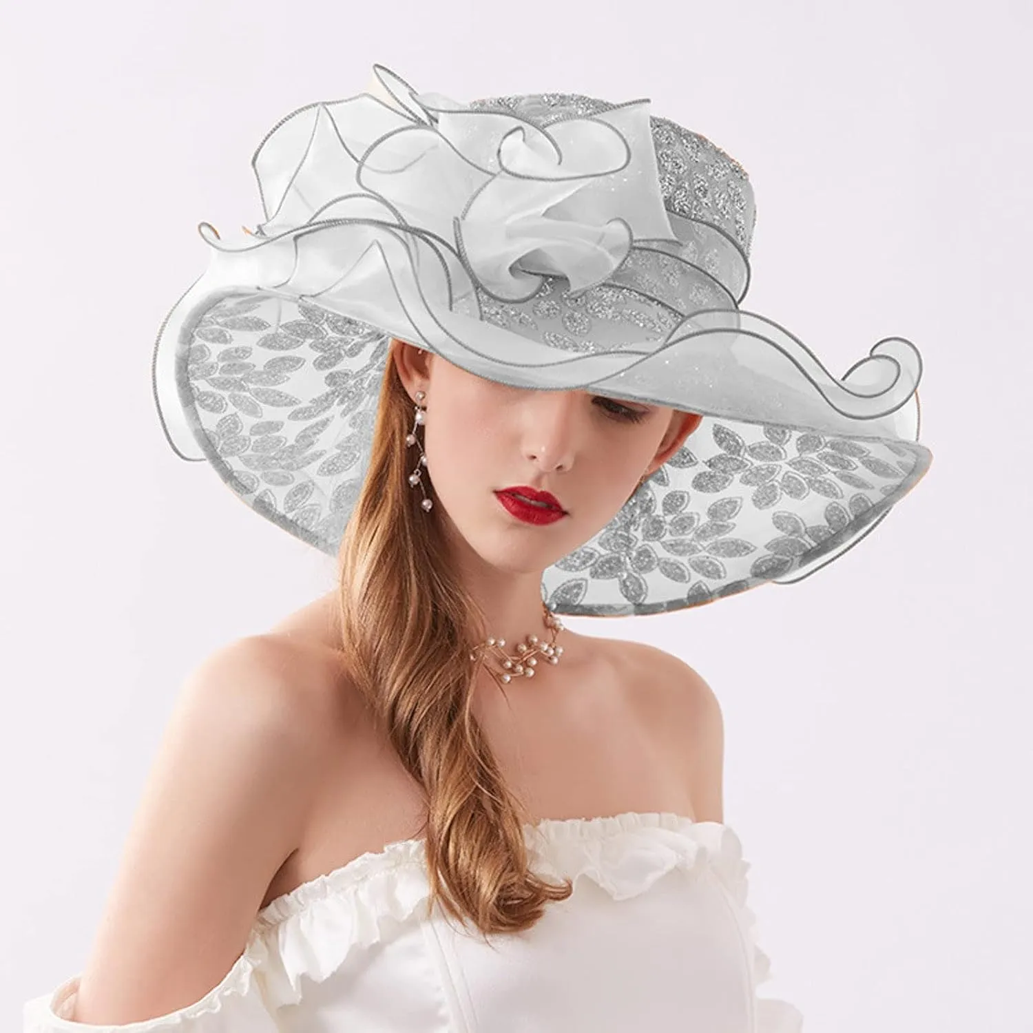 Women's Organza Church Fascinator Derby Hat Elegant Flowers Wide Brim Cocktail Tea Party Summer Beach Sun Hat