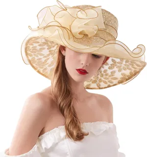 Women's Organza Church Fascinator Derby Hat Elegant Flowers Wide Brim Cocktail Tea Party Summer Beach Sun Hat