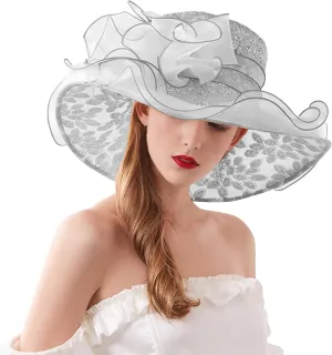 Women's Organza Church Fascinator Derby Hat Elegant Flowers Wide Brim Cocktail Tea Party Summer Beach Sun Hat