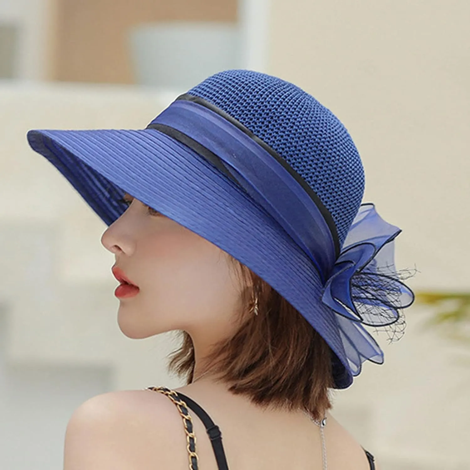 Women's Party 𝐊entucky Church 𝐃erby Hat Organza Sun Cap Ladies Flowers Fascinators Big Wide Brim UV Protection Hats