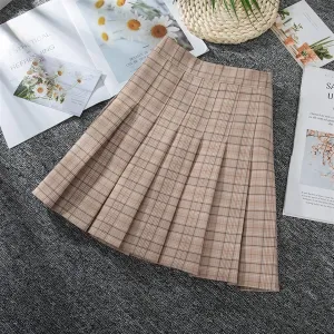 Women's Preppy Pleated Skirt High Waist A-line Mini Skirt (Color : Brown B, Size : S)