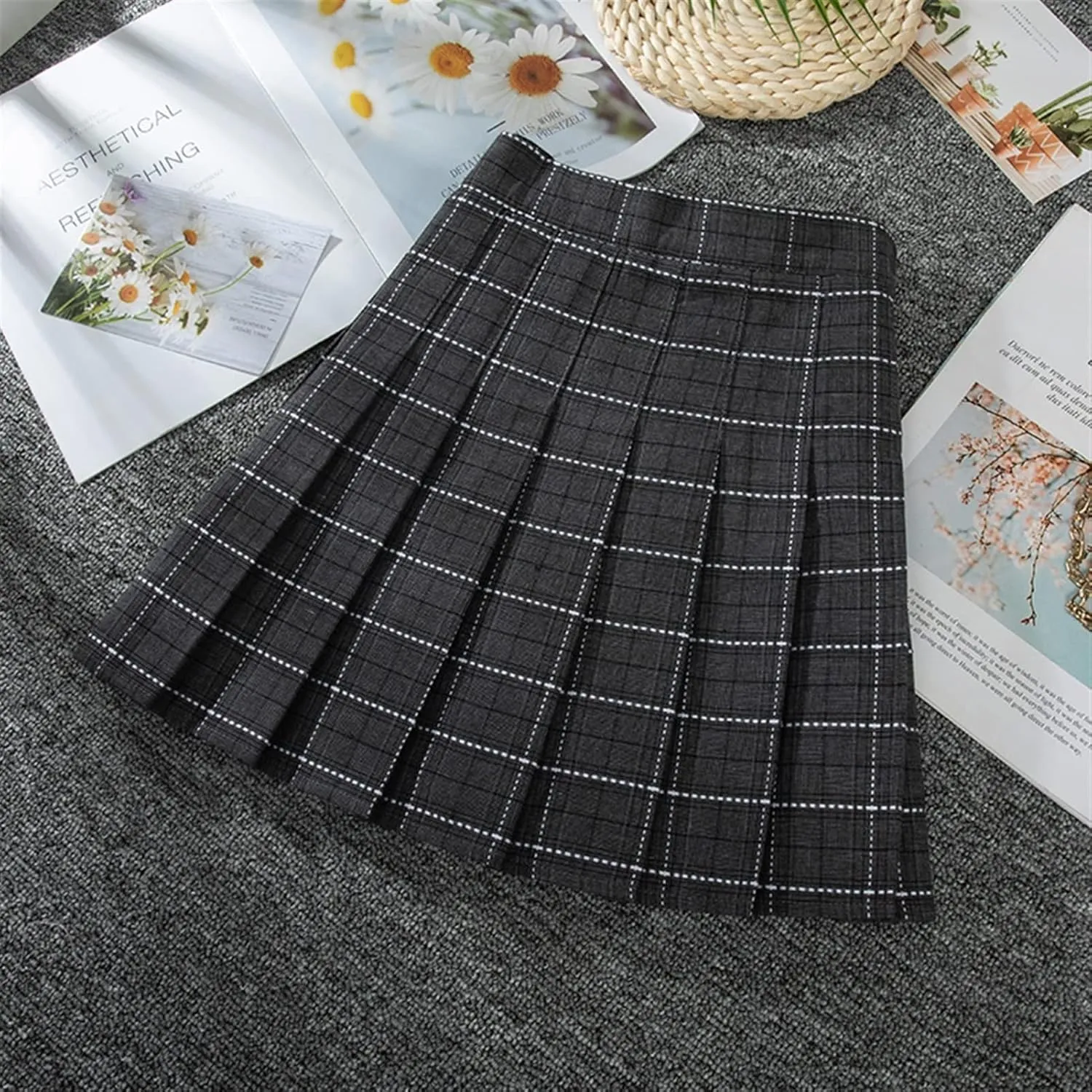 Women's Preppy Pleated Skirt High Waist A-line Mini Skirt (Color : Brown B, Size : S)