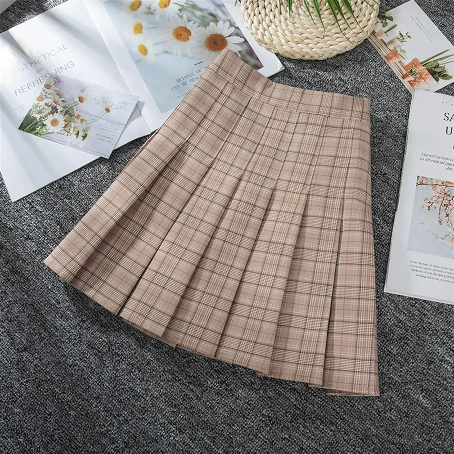 Women's Preppy Pleated Skirt High Waist A-line Mini Skirt (Color : Brown B, Size : S)