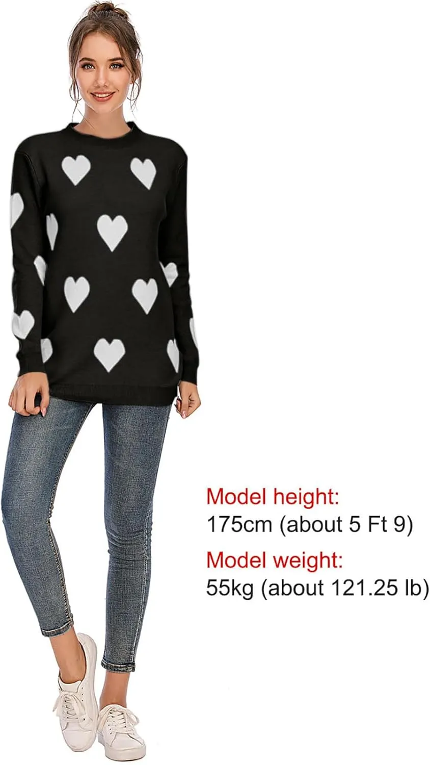 Women's Pullover Sweaters Long Sleeve Crew Neck Cute Multi-Hearts Knitted Casual Sweater