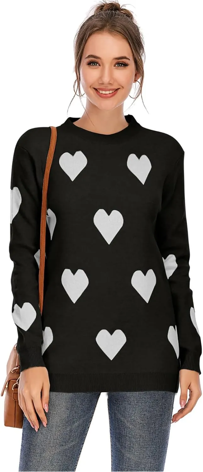 Women's Pullover Sweaters Long Sleeve Crew Neck Cute Multi-Hearts Knitted Casual Sweater