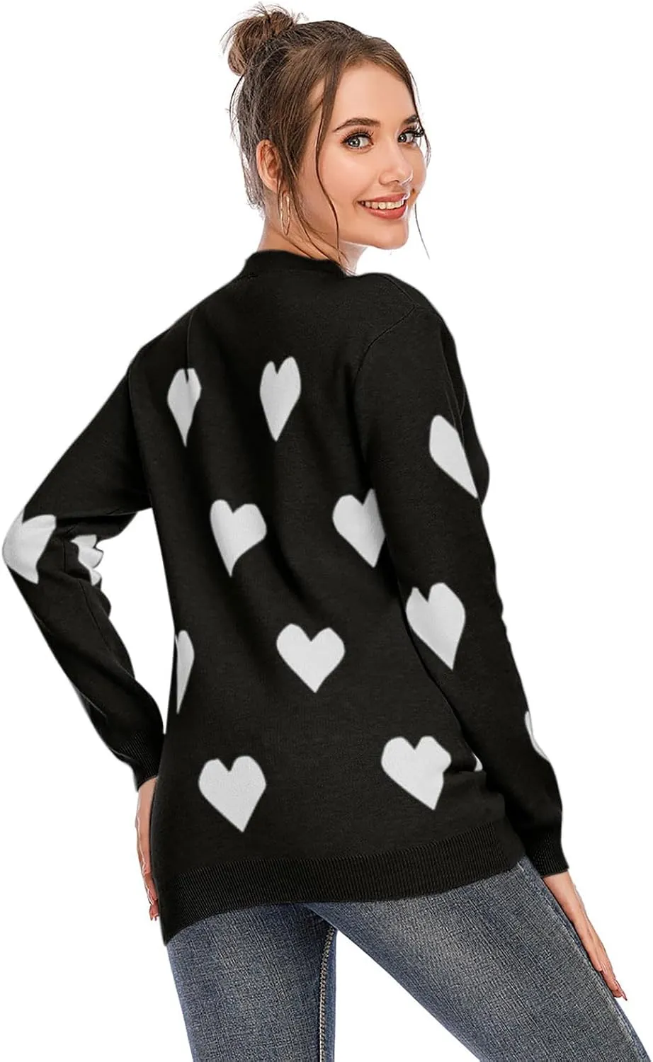 Women's Pullover Sweaters Long Sleeve Crew Neck Cute Multi-Hearts Knitted Casual Sweater