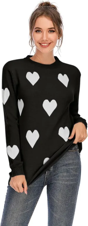 Women's Pullover Sweaters Long Sleeve Crew Neck Cute Multi-Hearts Knitted Casual Sweater