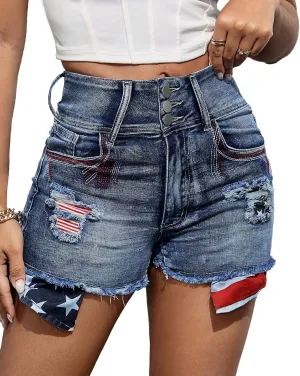 Women's Ripped American Flag Jean Shorts High Waisted Embroidery Frayed Raw Hem Denim Shorts