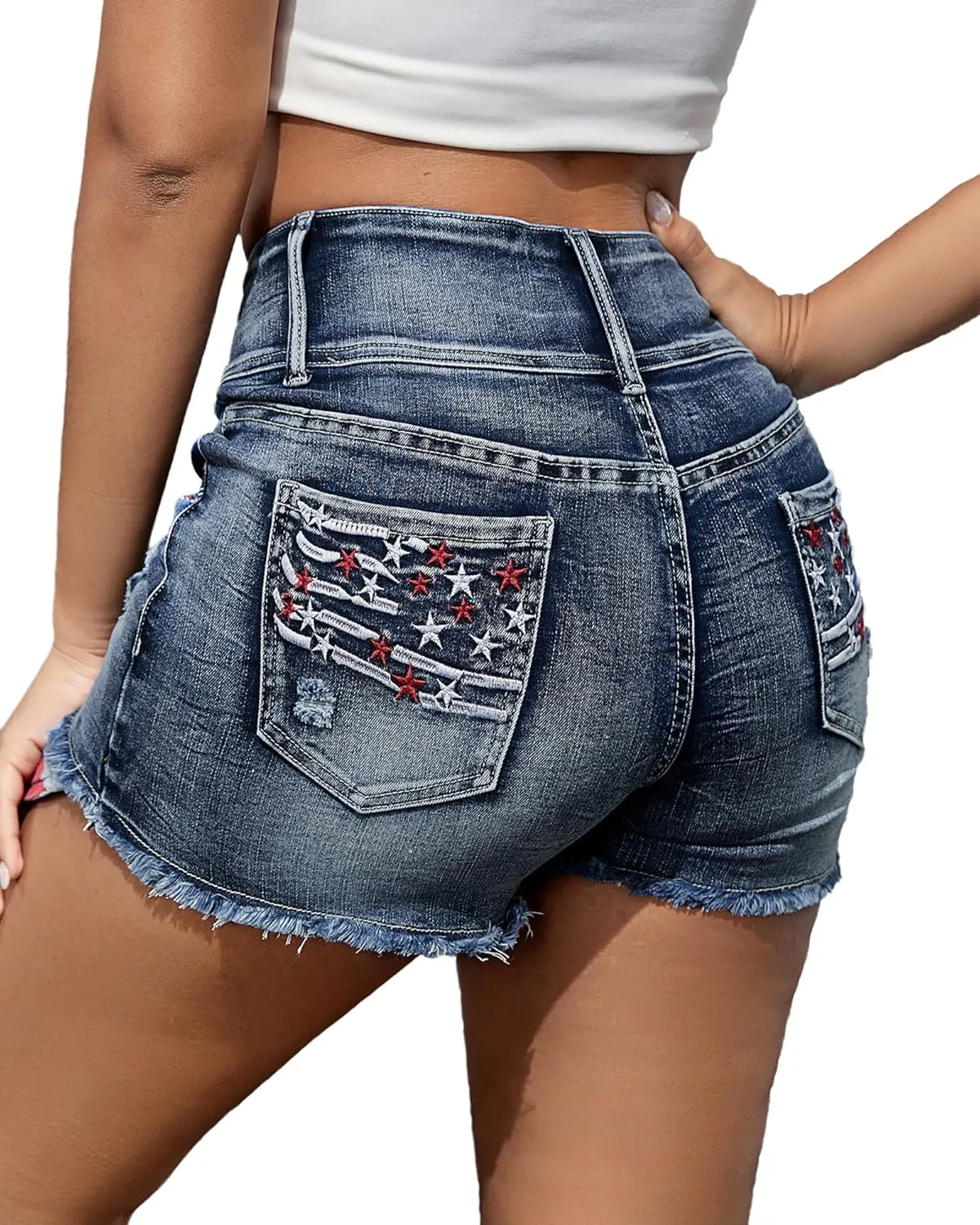 Women's Ripped American Flag Jean Shorts High Waisted Embroidery Frayed Raw Hem Denim Shorts