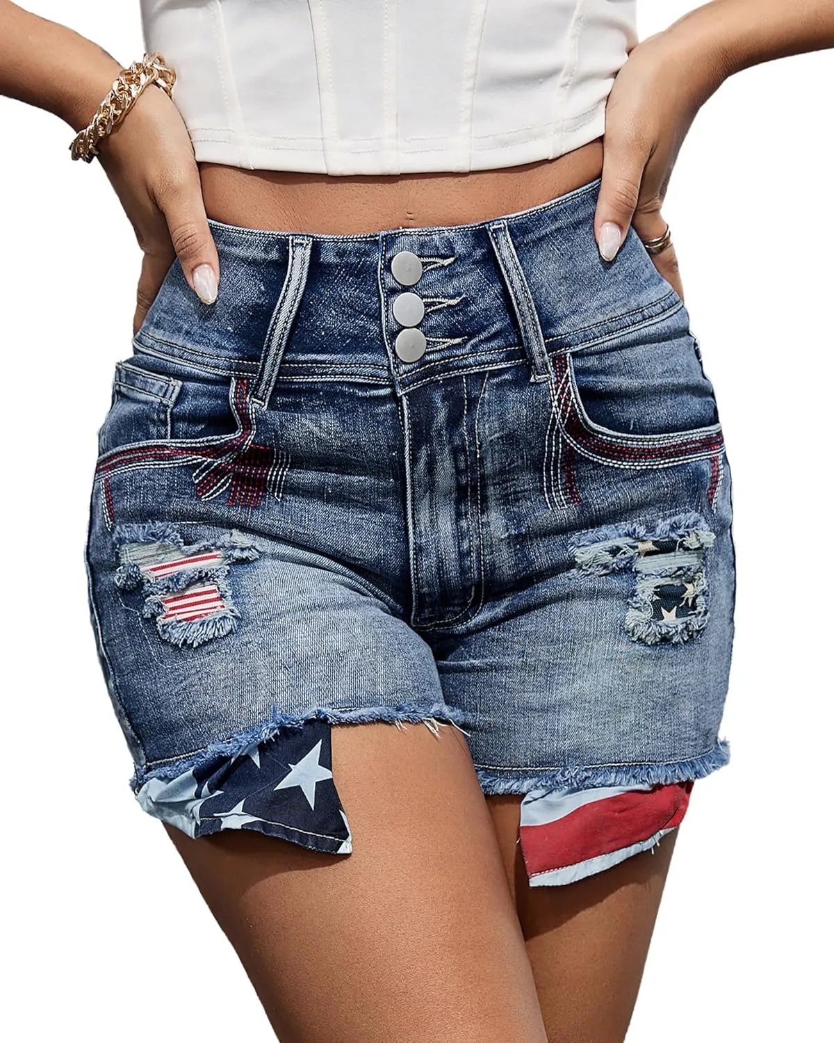 Women's Ripped American Flag Jean Shorts High Waisted Embroidery Frayed Raw Hem Denim Shorts