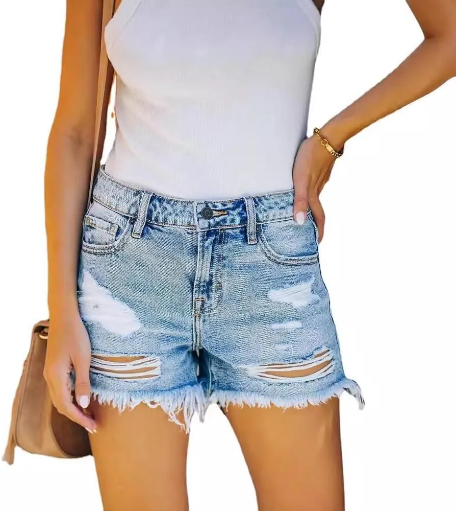 Women's Ripped High Waisted Denim Shorts Stretchy Frayed Raw Hem Jean Shorts