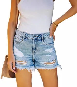 Women's Ripped High Waisted Denim Shorts Stretchy Frayed Raw Hem Jean Shorts