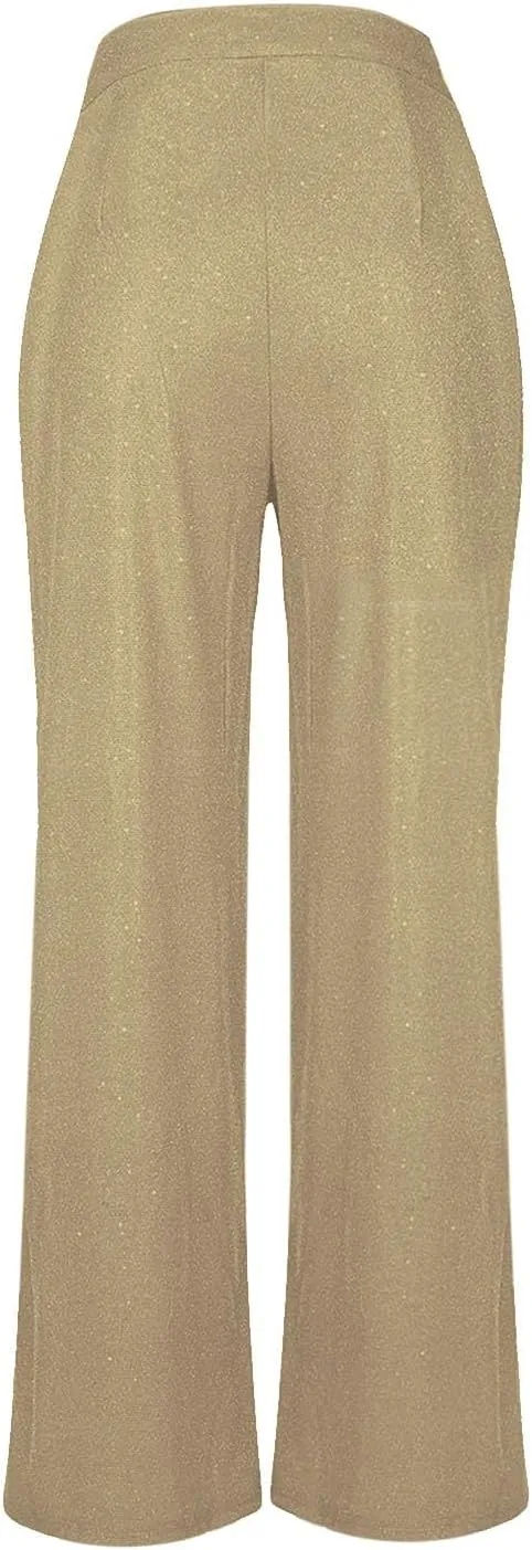 Womens Sequin Pants Fashion Wide Straight Leg High Waist Buttoned Vintage Sparkly Trousers Party Clubwear Lounge Pants