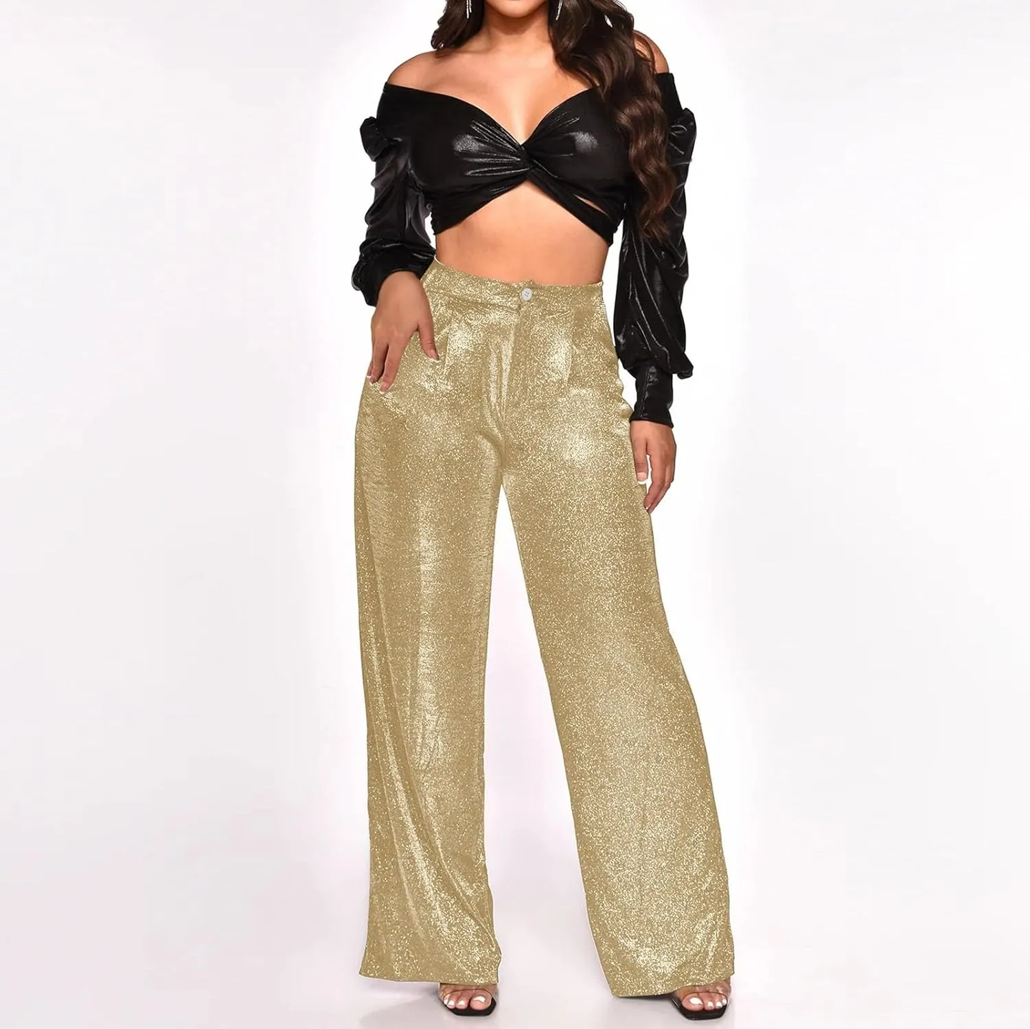 Womens Sequin Pants Fashion Wide Straight Leg High Waist Buttoned Vintage Sparkly Trousers Party Clubwear Lounge Pants