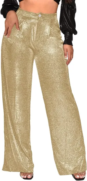 Womens Sequin Pants Fashion Wide Straight Leg High Waist Buttoned Vintage Sparkly Trousers Party Clubwear Lounge Pants