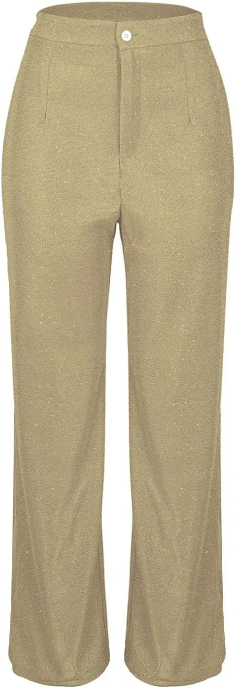 Womens Sequin Pants Fashion Wide Straight Leg High Waist Buttoned Vintage Sparkly Trousers Party Clubwear Lounge Pants