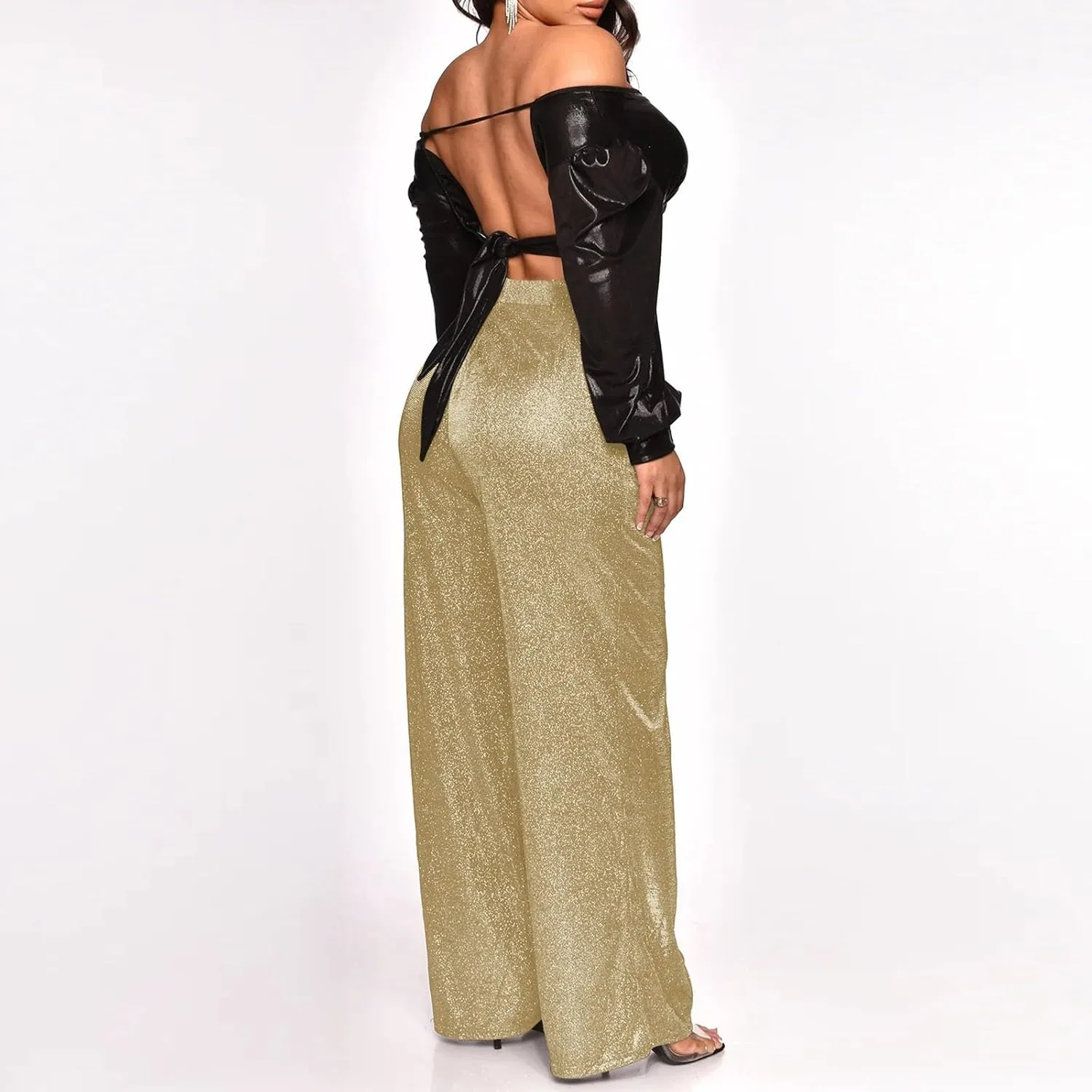 Womens Sequin Pants Fashion Wide Straight Leg High Waist Buttoned Vintage Sparkly Trousers Party Clubwear Lounge Pants