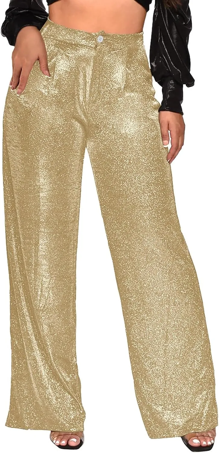 Womens Sequin Pants Fashion Wide Straight Leg High Waist Buttoned Vintage Sparkly Trousers Party Clubwear Lounge Pants