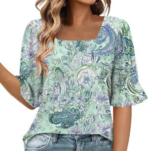 Women's Short Sleeve Shirts Square Neck Summer Tops Dressy Casual Basic Tees Ladies Loose Flowy T Shirts Blouses