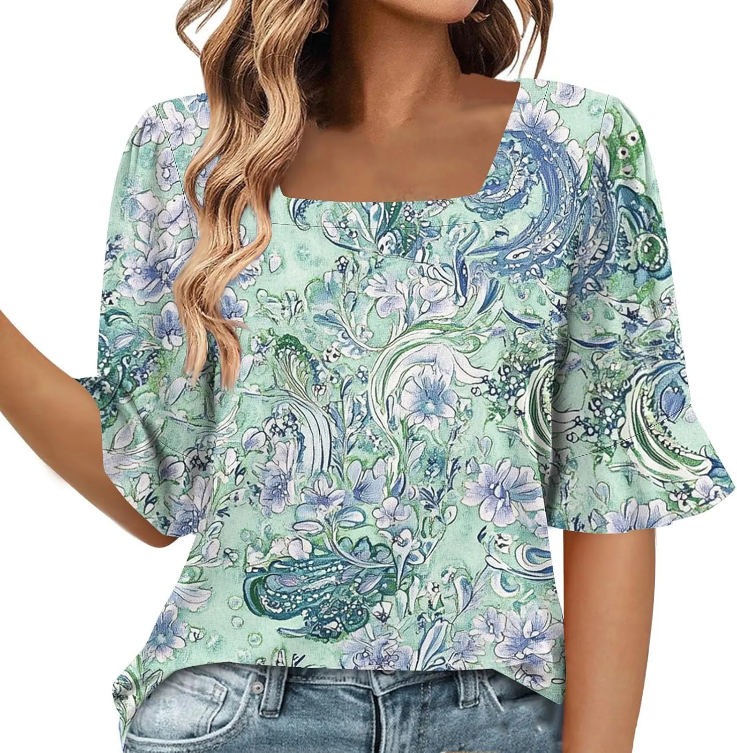Women's Short Sleeve Shirts Square Neck Summer Tops Dressy Casual Basic Tees Ladies Loose Flowy T Shirts Blouses