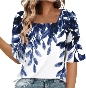 Women's Short Sleeve Shirts Square Neck Summer Tops Dressy Casual Basic Tees Ladies Loose Flowy T Shirts Blouses