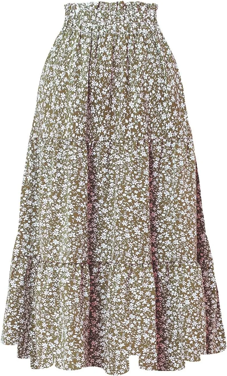 Women's Skirts 2025 Solid Lightweight Ruched Tiered Flare Swing Midi Skirt, S-XL