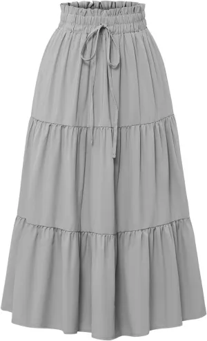 Women's Skirts 2025 Solid Lightweight Ruched Tiered Flare Swing Midi Skirt, S-XL