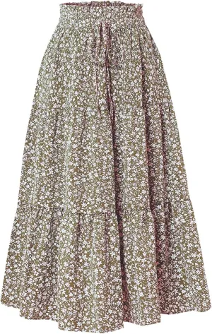 Women's Skirts 2025 Solid Lightweight Ruched Tiered Flare Swing Midi Skirt, S-XL