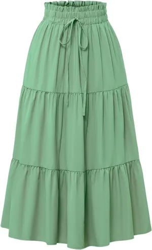 Women's Skirts 2025 Solid Lightweight Ruched Tiered Flare Swing Midi Skirt, S-XL