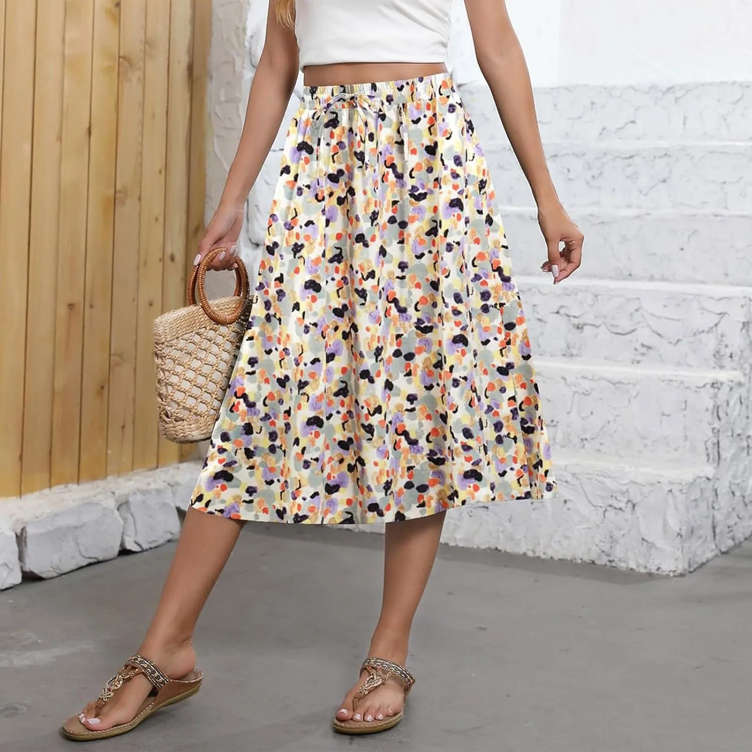 Womens Skirts Midi Length Boho Beach Vacation Flowy Floral Skirt Spring Casual Comfy High Waisted A Line Skirt