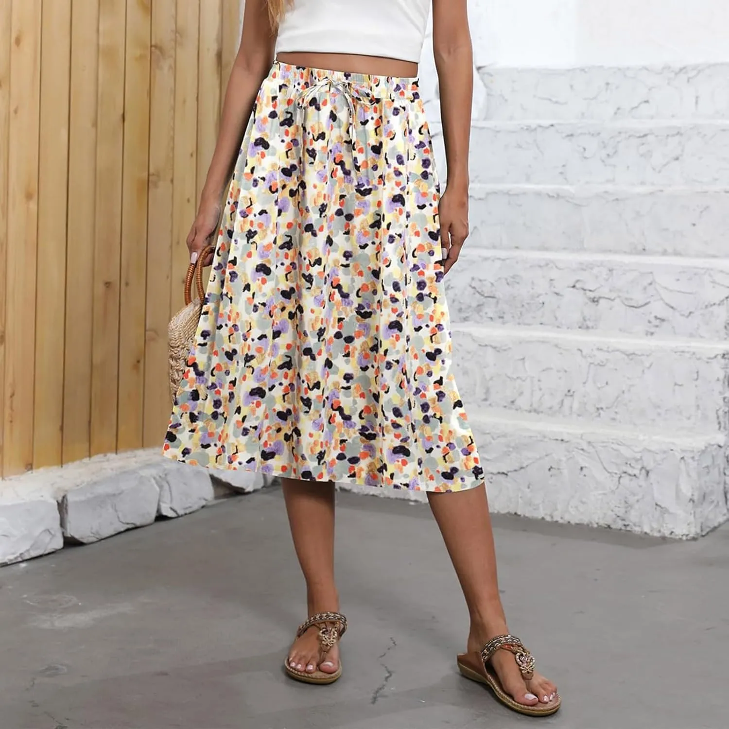 Womens Skirts Midi Length Boho Beach Vacation Flowy Floral Skirt Spring Casual Comfy High Waisted A Line Skirt