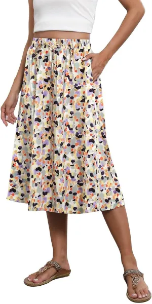Womens Skirts Midi Length Boho Beach Vacation Flowy Floral Skirt Spring Casual Comfy High Waisted A Line Skirt