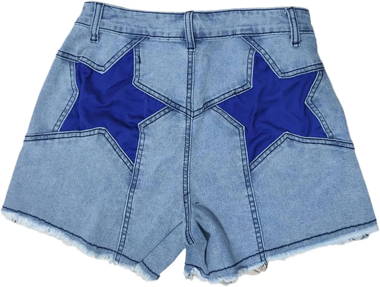 Womens Stretchy High Waisted Jean Shorts Cute Star Patchwork Frayed Raw Hem Denim Shorts