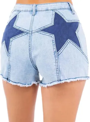 Womens Stretchy High Waisted Jean Shorts Cute Star Patchwork Frayed Raw Hem Denim Shorts