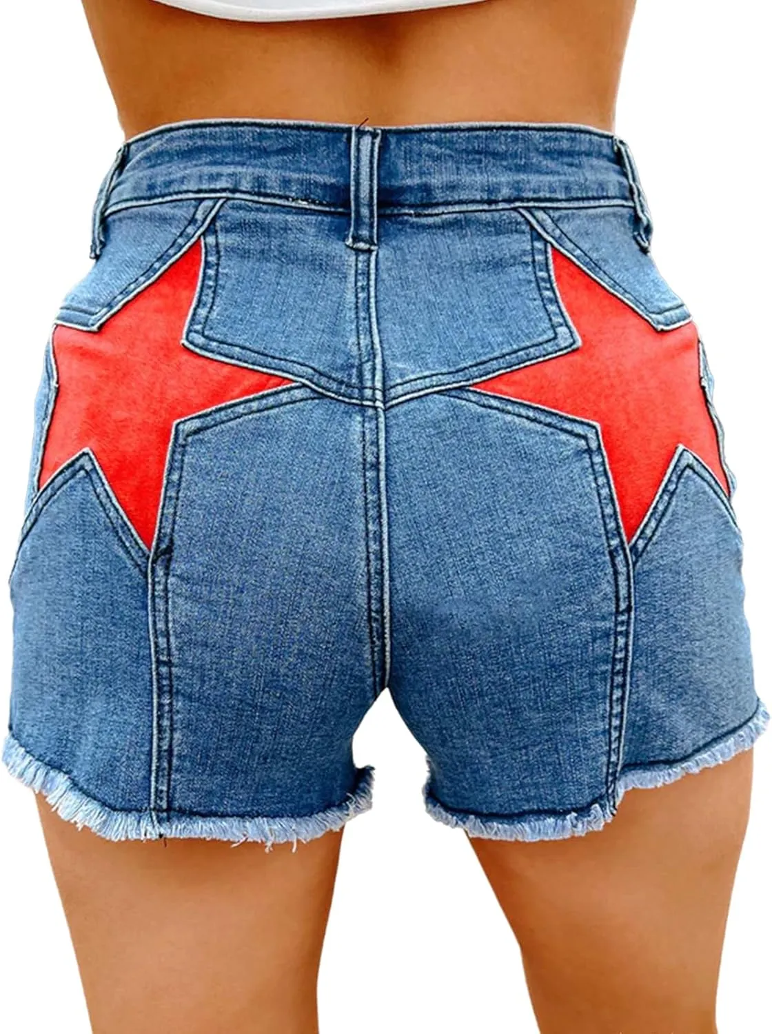 Womens Stretchy High Waisted Jean Shorts Cute Star Patchwork Frayed Raw Hem Denim Shorts