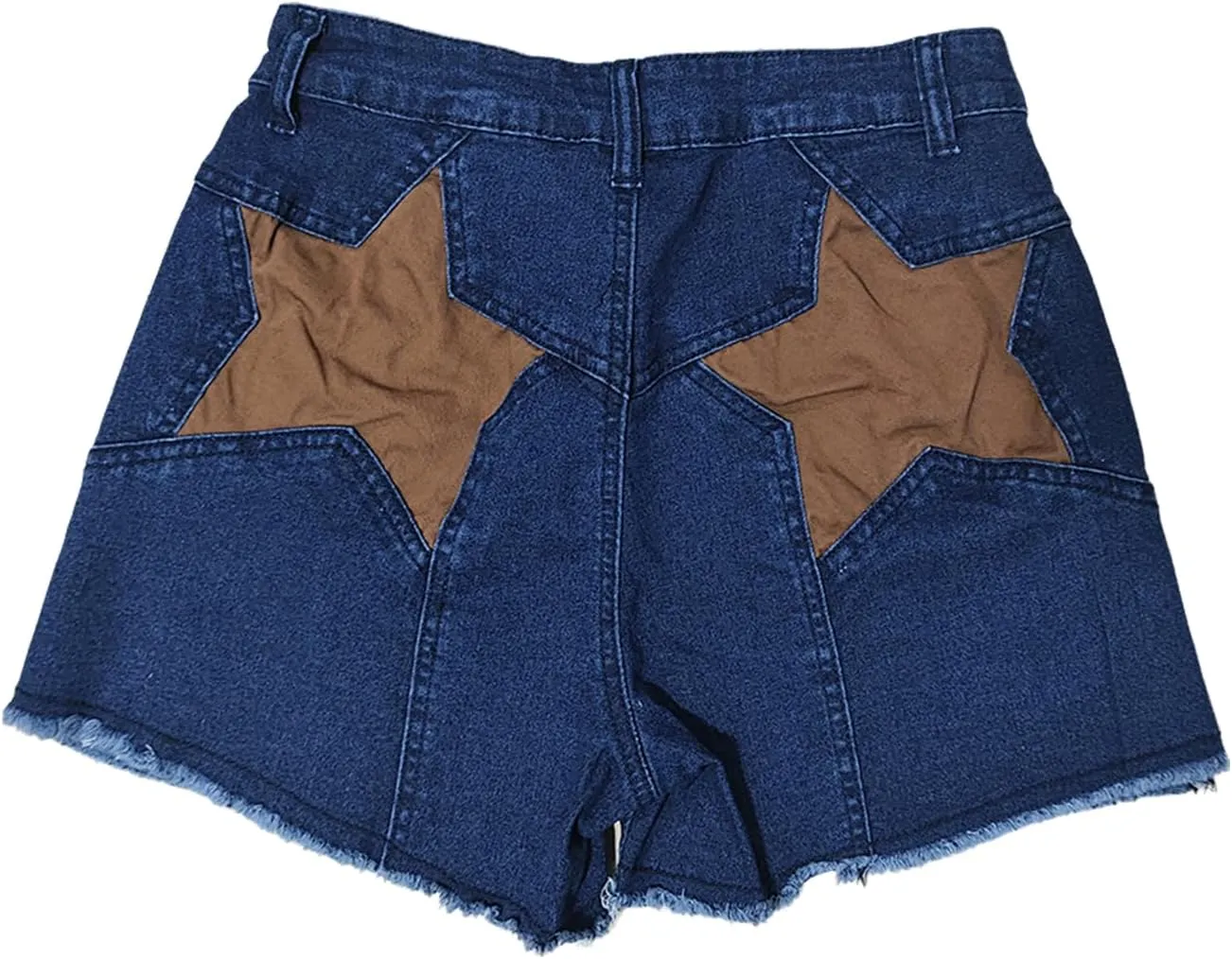Womens Stretchy High Waisted Jean Shorts Cute Star Patchwork Frayed Raw Hem Denim Shorts