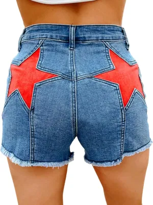 Womens Stretchy High Waisted Jean Shorts Cute Star Patchwork Frayed Raw Hem Denim Shorts