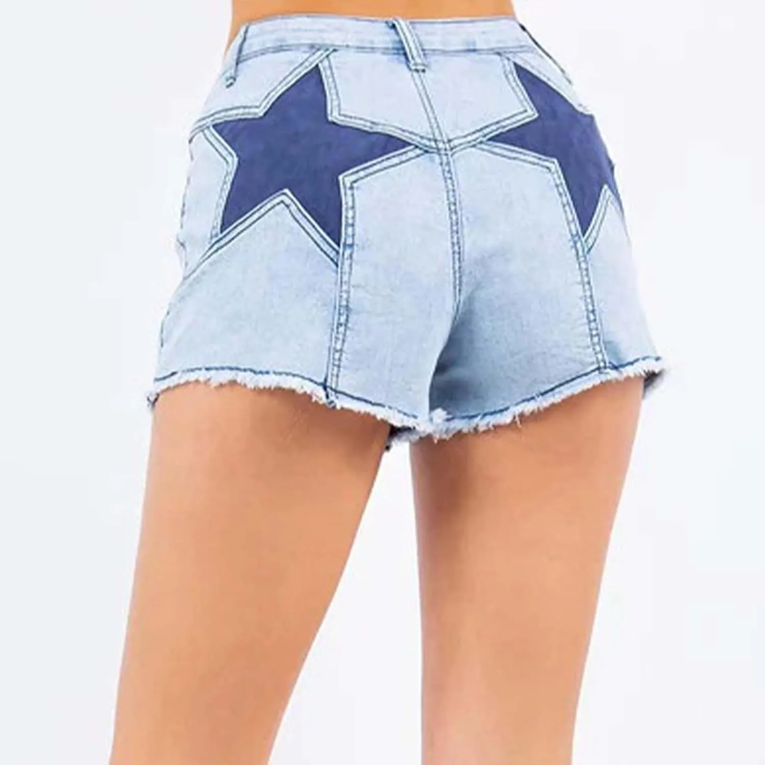 Womens Stretchy High Waisted Jean Shorts Cute Star Patchwork Frayed Raw Hem Denim Shorts