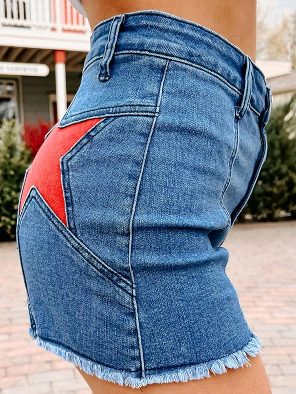 Womens Stretchy High Waisted Jean Shorts Cute Star Patchwork Frayed Raw Hem Denim Shorts