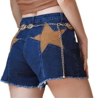Womens Stretchy High Waisted Jean Shorts Cute Star Patchwork Frayed Raw Hem Denim Shorts