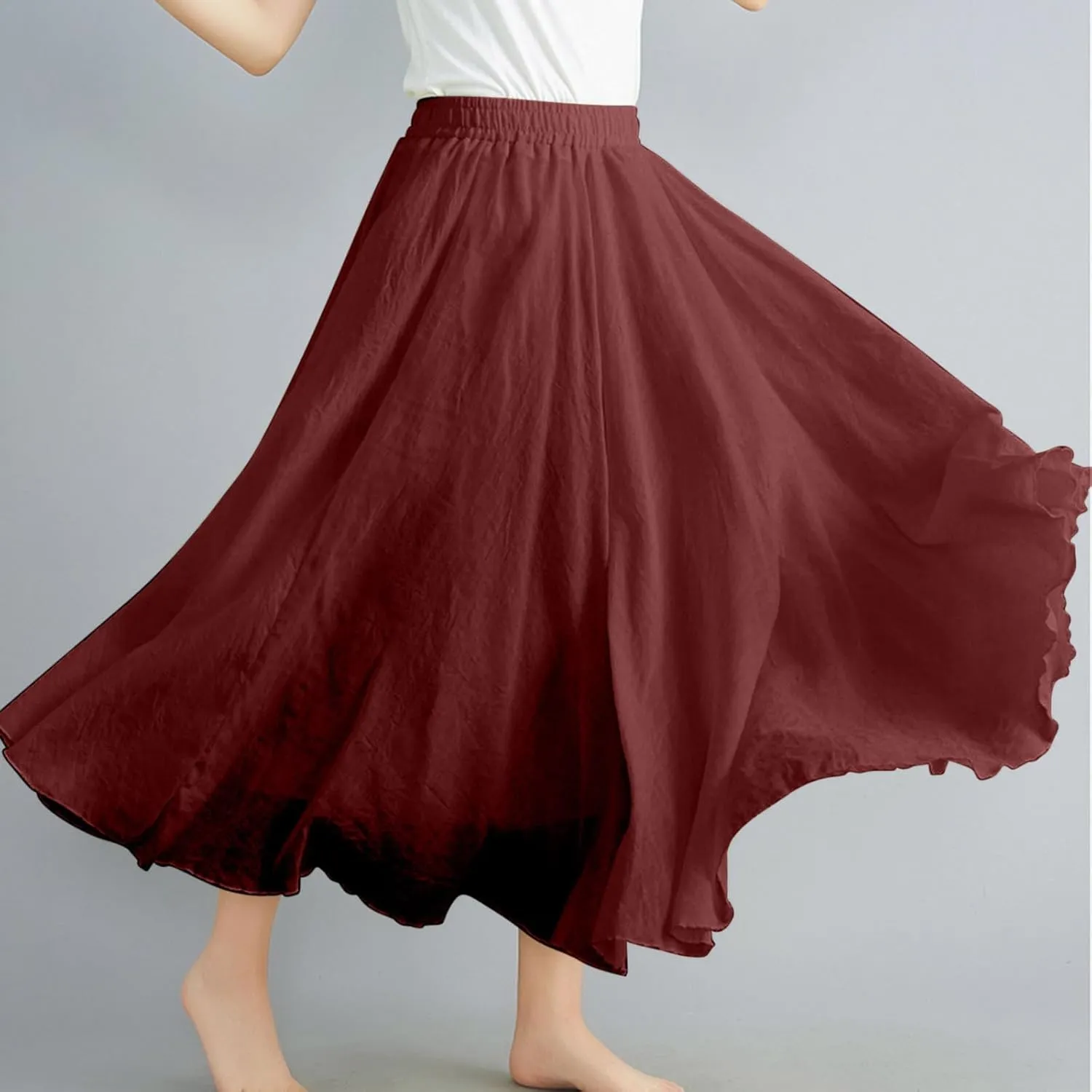 Women's Summer Beach Elastic High Waist A Line Long Skirts Trendy Casual Vacation Loose Solid Color Flowy Midi Skirt