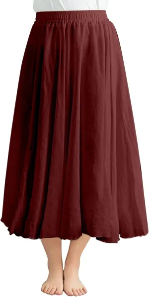 Women's Summer Beach Elastic High Waist A Line Long Skirts Trendy Casual Vacation Loose Solid Color Flowy Midi Skirt