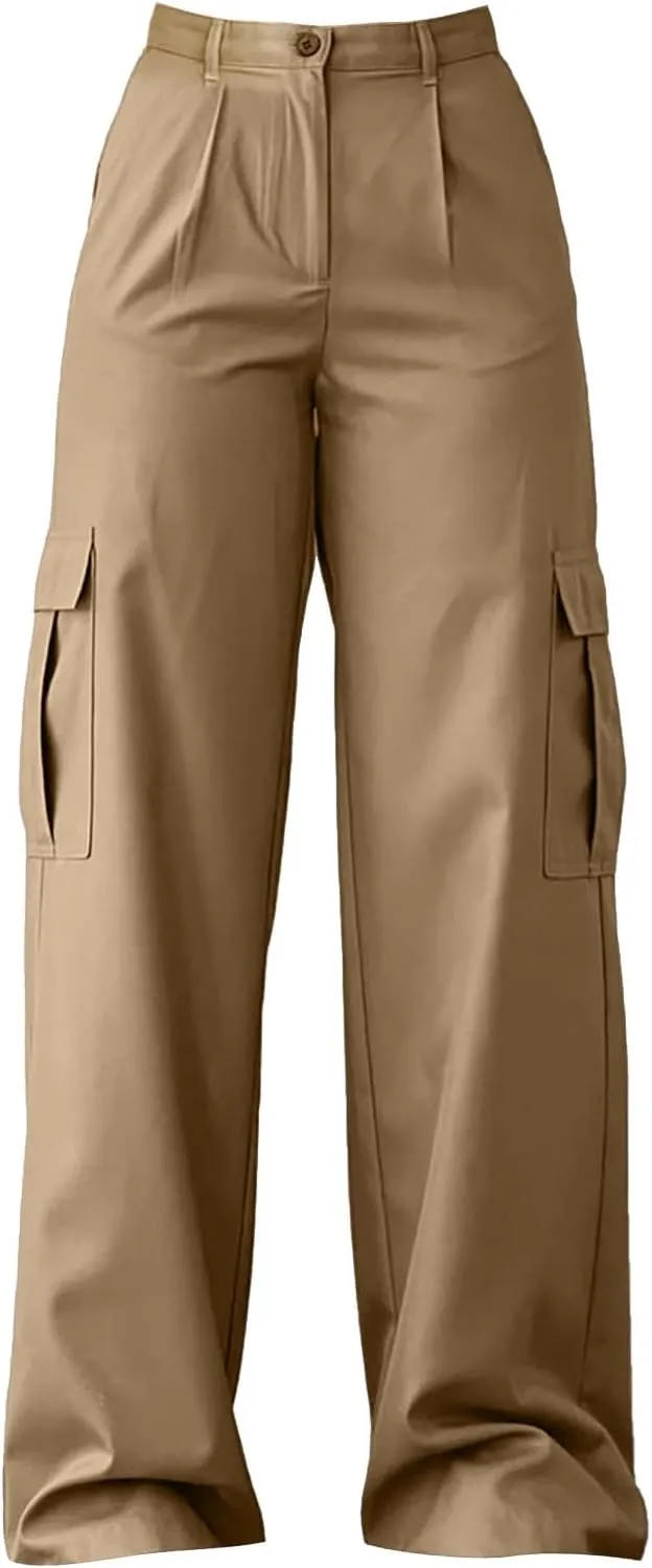 Womens Summer Cotton Cargo Pants Straight Leg High Waisted Multi Pockets Baggy Long Trousers Casual Fashion Slim Fit Trousers