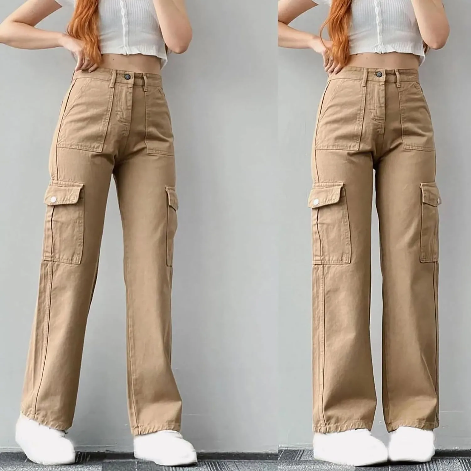 Womens Summer Cotton Cargo Pants Straight Leg High Waisted Multi Pockets Baggy Long Trousers Casual Fashion Slim Fit Trousers