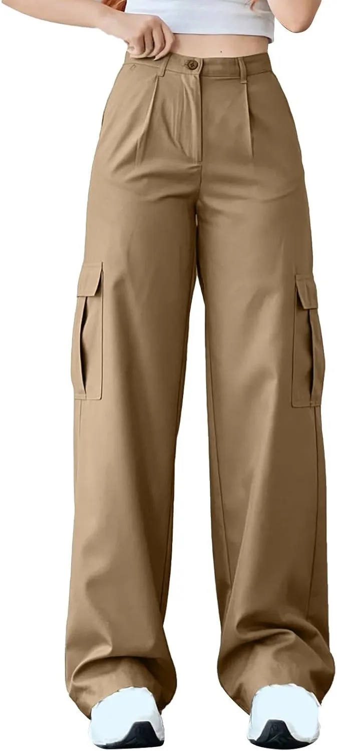 Womens Summer Cotton Cargo Pants Straight Leg High Waisted Multi Pockets Baggy Long Trousers Casual Fashion Slim Fit Trousers